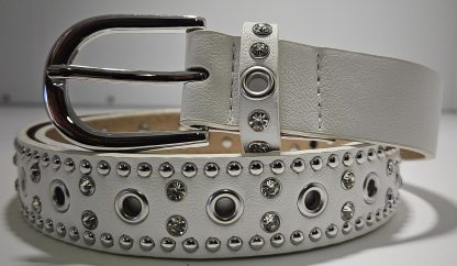 Stud Diamonte Leather Belt - White