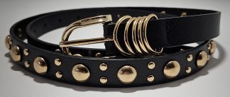 Gold Stud Slim Leather Belt - Black