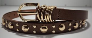 Gold Stud Slim Leather Belt - Chocolate