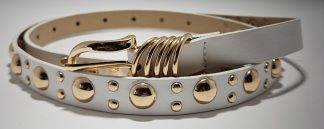 Gold Stud Slim Leather Belt - White