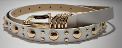 Gold Stud Slim Leather Belt - White