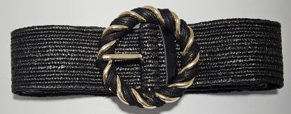 Round Buckle Woven Stretch Belt - Black